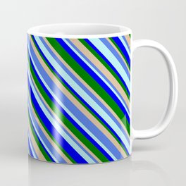 [ Thumbnail: Eye-catching Tan, Royal Blue, Turquoise, Blue & Dark Green Colored Pattern of Stripes Coffee Mug ]