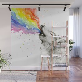 Wolf Howling Rainbow Watercolor Wall Mural