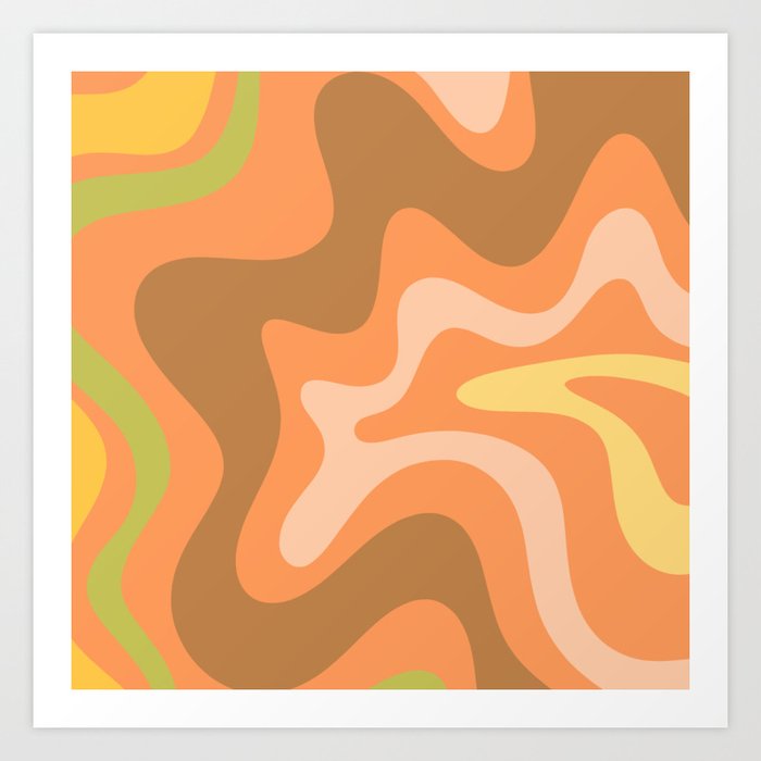 Retro Liquid Swirl Abstract Pattern Square 60s 70s Light Orange Green Brown Yellow Blush Art Print