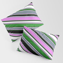 [ Thumbnail: Vibrant Slate Gray, Violet, Forest Green, Black, and White Colored Stripes Pattern Pillow Sham ]