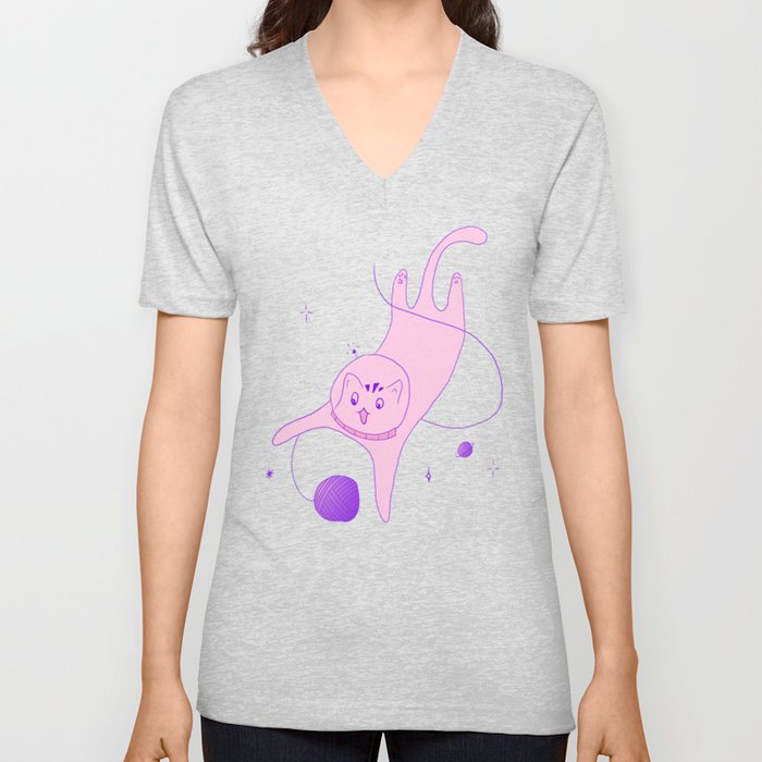 Funny Cat is Playing in Space V Neck T Shirt
