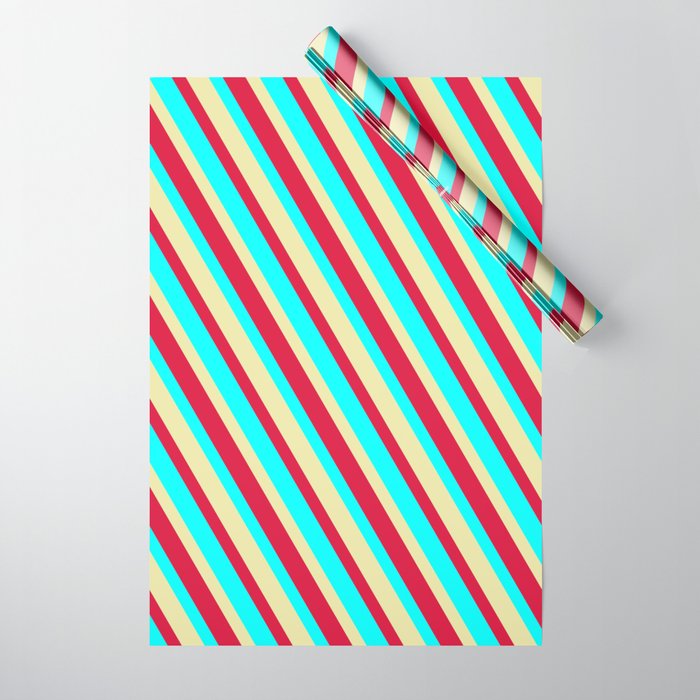 Cyan, Pale Goldenrod & Crimson Colored Lines/Stripes Pattern Wrapping Paper