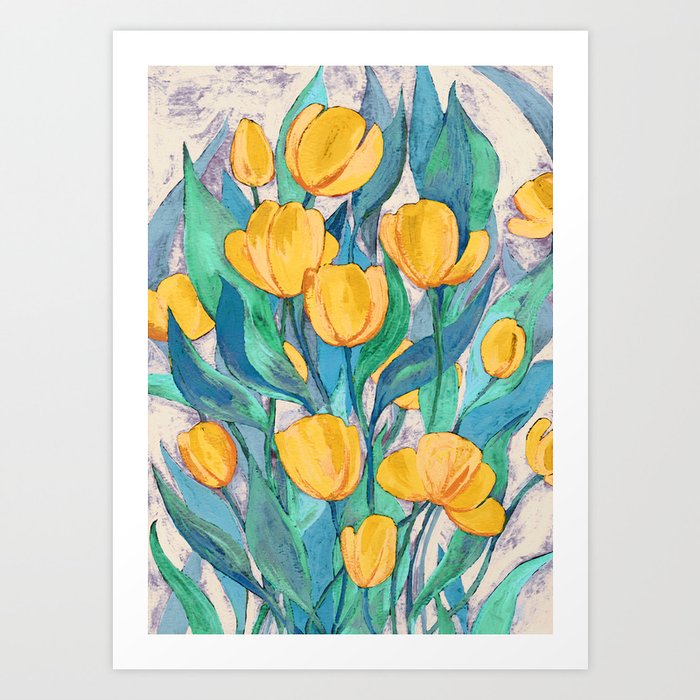 Blooming Golden Tulips in Gouache Art Print