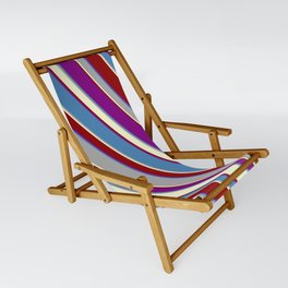 [ Thumbnail: Colorful Purple, Blue, Dark Grey, Light Yellow, and Dark Red Colored Striped/Lined Pattern Sling Chair ]