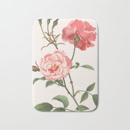 Rosa Semplerflorens Bath Mat | Vintage, Rose, Illustration, Pastel, Nature, Drawing, Green, Flower, Engraving, Pink 