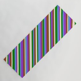 [ Thumbnail: Colorful Cornflower Blue, Dark Orchid, Brown, Beige & Green Colored Lined/Striped Pattern Yoga Mat ]