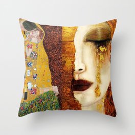 Gustav Klimt: The Kiss & Freya's Tears golden-red flower anemone college portrait painting Throw Pillow