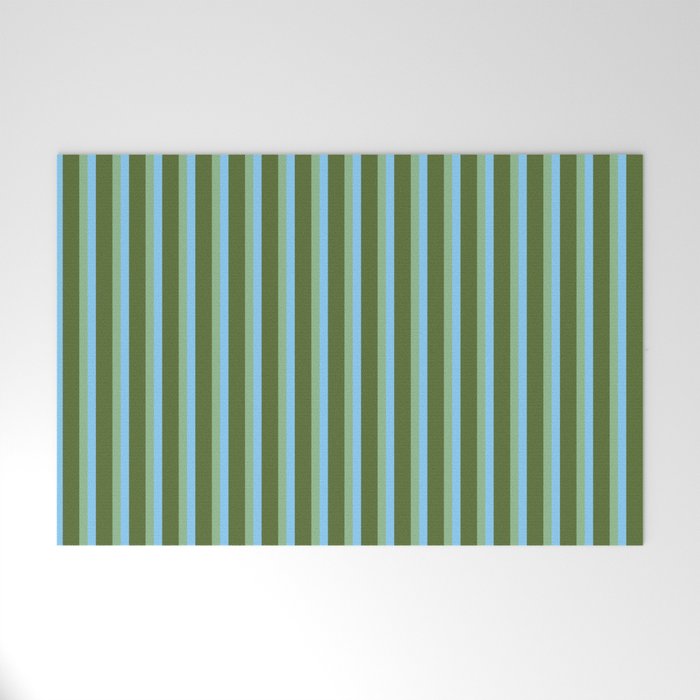 Light Sky Blue, Dark Sea Green, and Dark Olive Green Colored Striped Pattern Welcome Mat