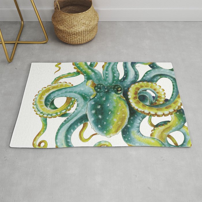 Octopus Tentacles Green Watercolor Art Rug