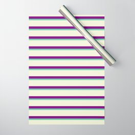 [ Thumbnail: Aquamarine, Beige & Purple Colored Lined Pattern Wrapping Paper ]