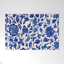 Blue & White Chinoiserie Flower Pattern Welcome Mat