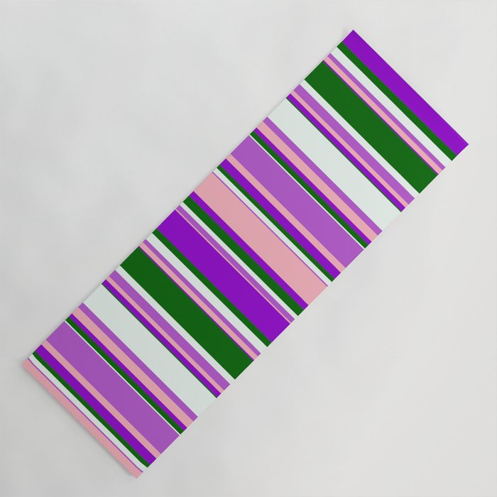 Eyecatching Orchid, Light Pink, Dark Violet, Dark Green & Mint Cream Colored Lines/Stripes Pattern Yoga Mat