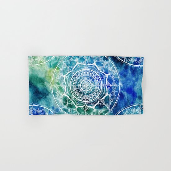 White Circle Mandala on Blue Watercolour Hand & Bath Towel