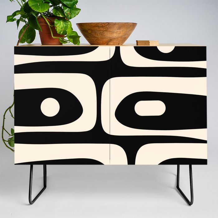 Mid Century Modern Piquet Abstract Pattern in Black and Almond Cream Credenza
