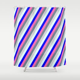[ Thumbnail: Colorful Hot Pink, Slate Gray, Light Grey, Light Cyan & Blue Colored Striped Pattern Shower Curtain ]