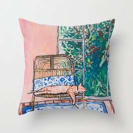Napping Ginger Cat in Pink Jungle Garden Room Throw Pillow