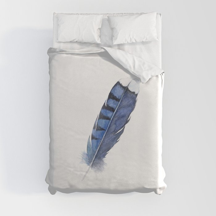 Blue Jay Feather , Blue Feather, Watercolor Feather, Watercolor painting by Suisai Genki Duvet Cover