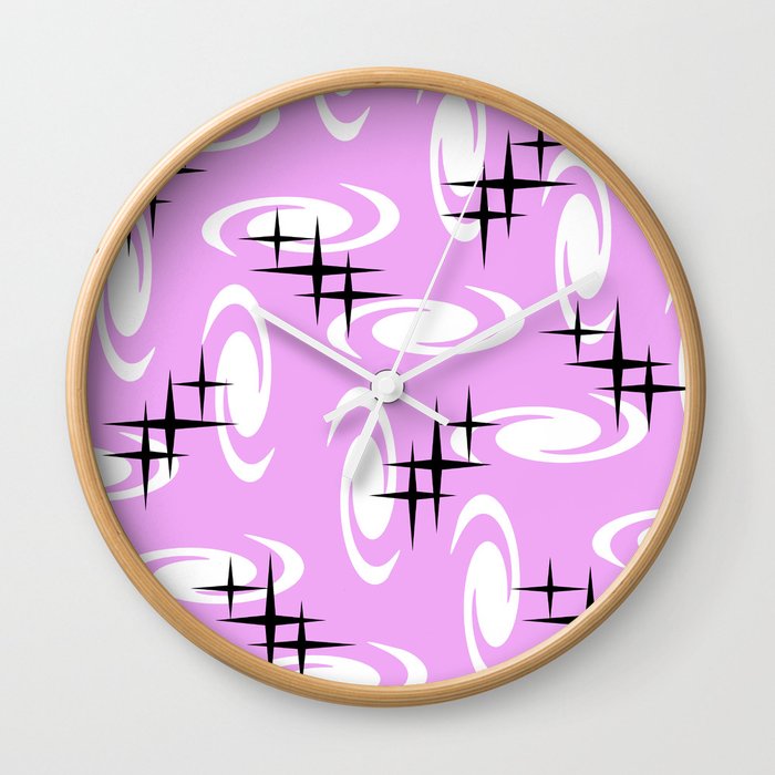 Retro Atomic Age Swirls Stars Pattern Lavender Wall Clock