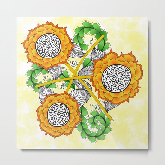 Zentangle Happy Yellow and Orange Sunflowers Metal Print