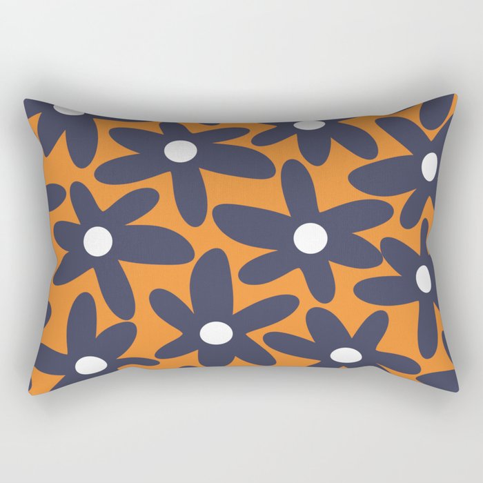 Daisy Time Retro Floral Pattern Orange Navy Blue White Rectangular Pillow