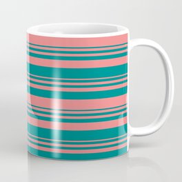 [ Thumbnail: Light Coral and Teal Colored Lined Pattern Coffee Mug ]