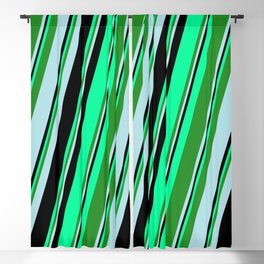 [ Thumbnail: Green, Forest Green, Powder Blue, and Black Colored Striped/Lined Pattern Blackout Curtain ]