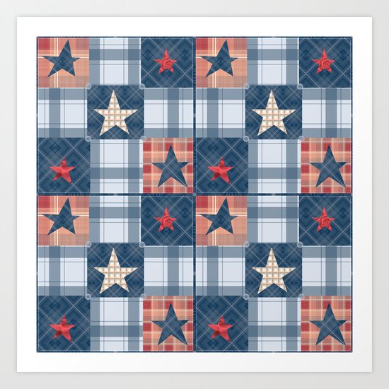 Blue denim plaid patchwork . Art Print