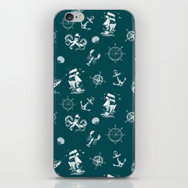 Teal Blue And White Silhouettes Of Vintage Nautical Pattern iPhone Skin