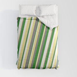 [ Thumbnail: Tan, Gray, Forest Green, and White Colored Stripes Pattern Comforter ]