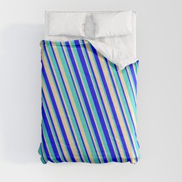 [ Thumbnail: Blue, Turquoise & Beige Colored Striped/Lined Pattern Comforter ]
