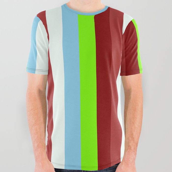 Colorful Brown, Mint Cream, Sky Blue, Green, and Maroon Colored Stripes/Lines Pattern All Over Graphic Tee