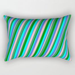 [ Thumbnail: Eye-catching Cyan, Royal Blue, Light Pink, Sea Green & Green Colored Striped Pattern Rectangular Pillow ]