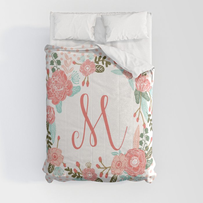 Monogram M - cute girls coral florals flower wreath, coral florals, baby girl, baby blanket Comforter