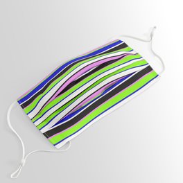 [ Thumbnail: Violet, Chartreuse, Blue, White, and Black Colored Stripes Pattern Face Mask ]