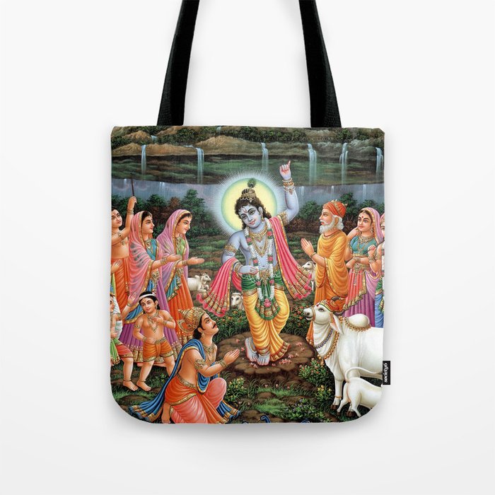 Krishna Lifting Mount Govardhan Tote Bag