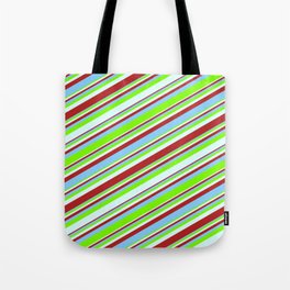 [ Thumbnail: Red, Light Sky Blue, Green, and Light Cyan Colored Striped/Lined Pattern Tote Bag ]