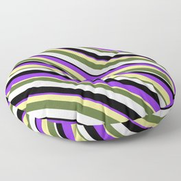 [ Thumbnail: Vibrant Purple, Tan, Dark Olive Green, White & Black Colored Lined/Striped Pattern Floor Pillow ]