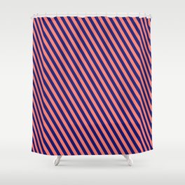[ Thumbnail: Salmon & Midnight Blue Colored Pattern of Stripes Shower Curtain ]