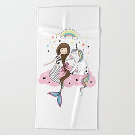 Mermaid & Unicorn White background Beach Towel