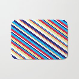 [ Thumbnail: Eyecatching Midnight Blue, Deep Sky Blue, Crimson, Tan, and White Colored Lined Pattern Bath Mat ]