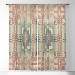 Orange Red Olive Green Native American Indian Mosaic Pattern Sheer Curtain