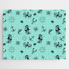 Mint Blue And Blue Silhouettes Of Vintage Nautical Pattern Jigsaw Puzzle