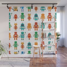 Seamless pattern from colorful retro robots in a flat style on a white background. Vintage illustration.  Wall Mural