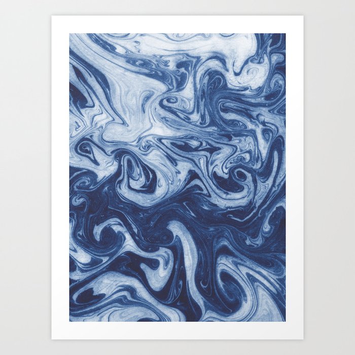 Yutaka - spilled ink marbled paper marbling swirl india ink minimal modern blue indigo pattern Art Print