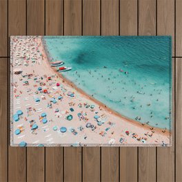 Ocean Pastel Aerial Beach Print, Beach Waves Art Print, Aerial Summer Pastel Beach Print, Beach Photography, People Umbrellas Art Print Outdoor Rug