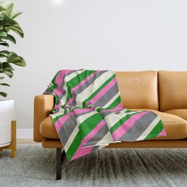 [ Thumbnail: Hot Pink, Dim Gray, Beige, and Green Colored Stripes Pattern Throw Blanket ]