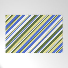 [ Thumbnail: Dark Olive Green, Tan, Royal Blue, and White Colored Stripes Pattern Welcome Mat ]