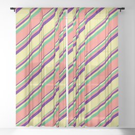 [ Thumbnail: Indigo, Tan, Sea Green, and Salmon Colored Stripes Pattern Sheer Curtain ]