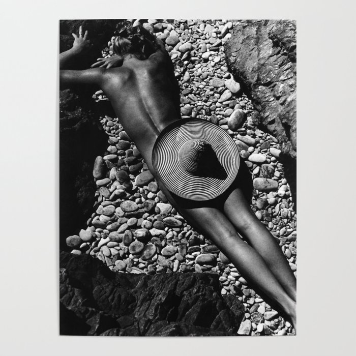 A Girl at the Beach with just her hat black and white photography Poster