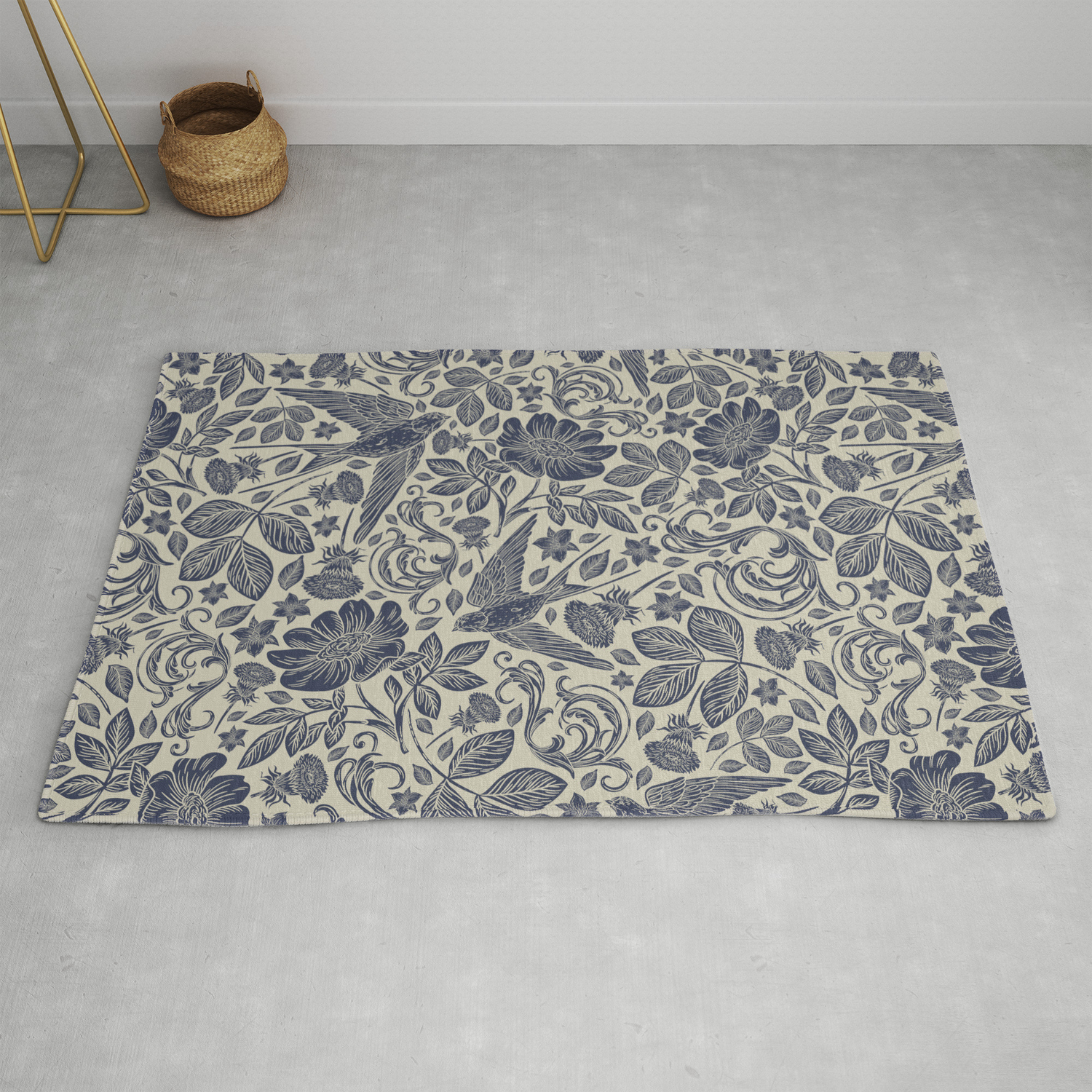 Chic Vintage Ivory Navy Blue Swallows Floral Rug By Pink Water